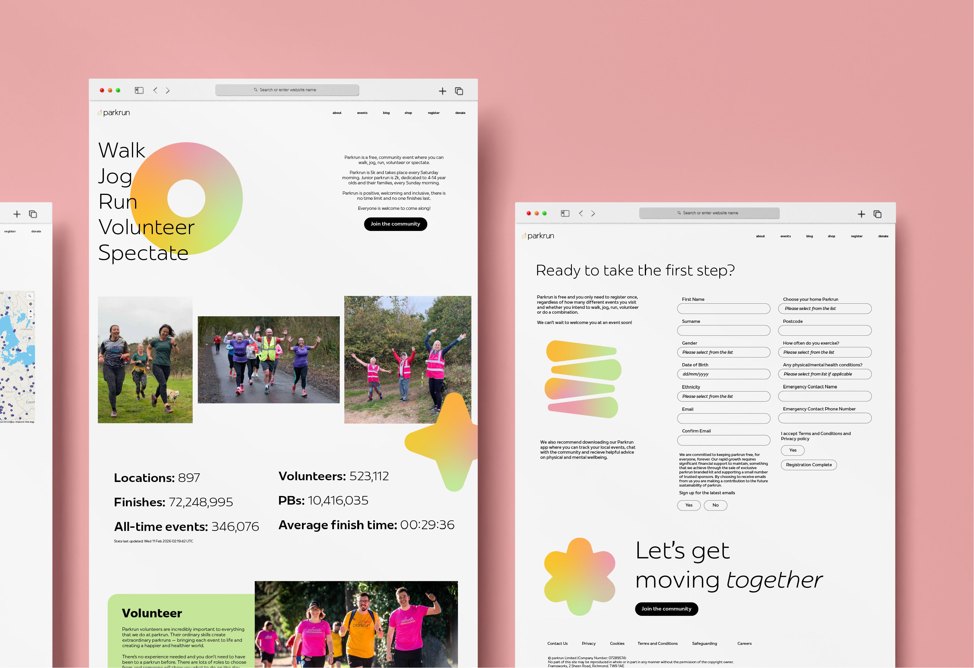 parkrun website screens showing Walk Jog Run Volunteer Spectate and a sign-up form