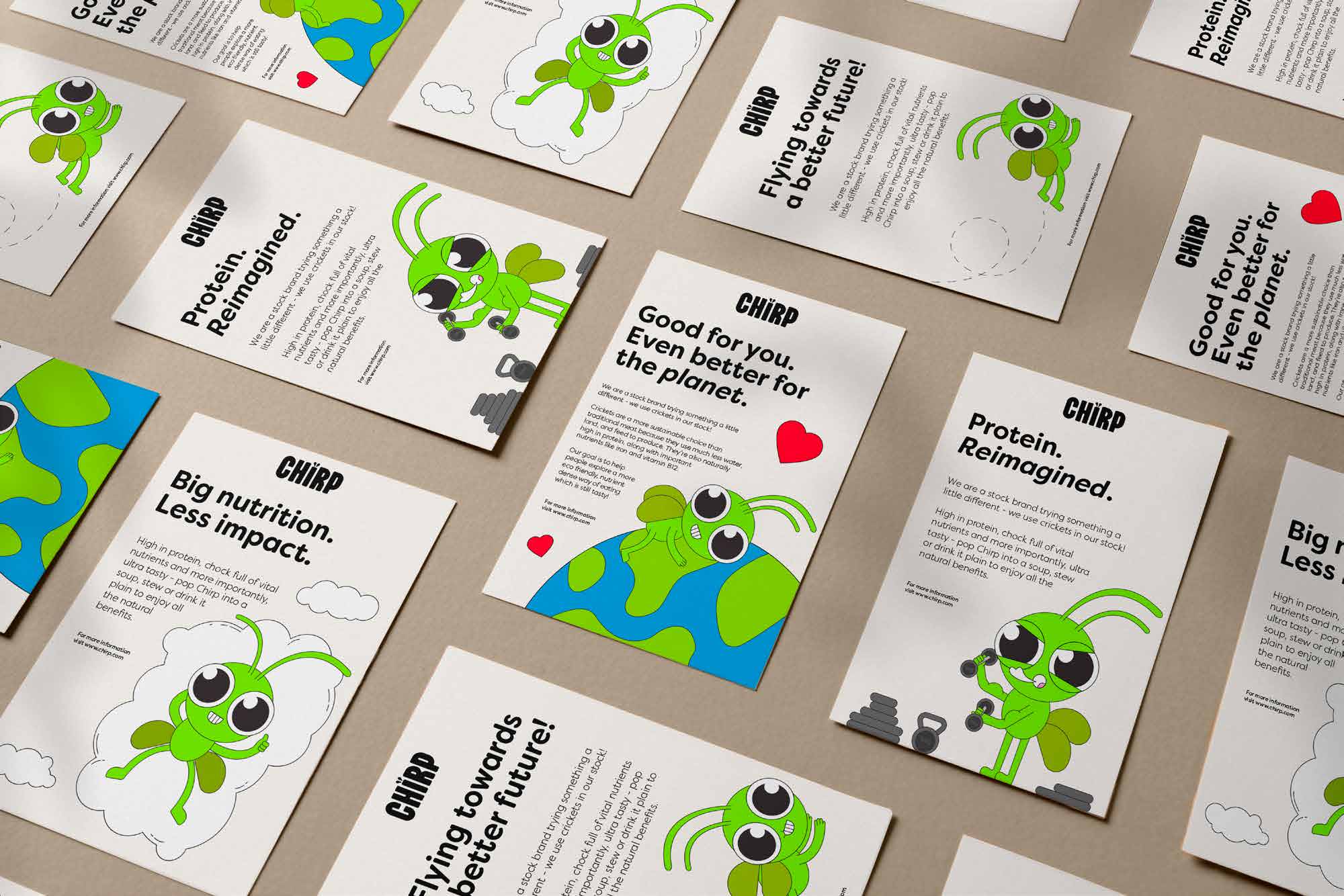 CHIRP postcards arranged on a neutral surface