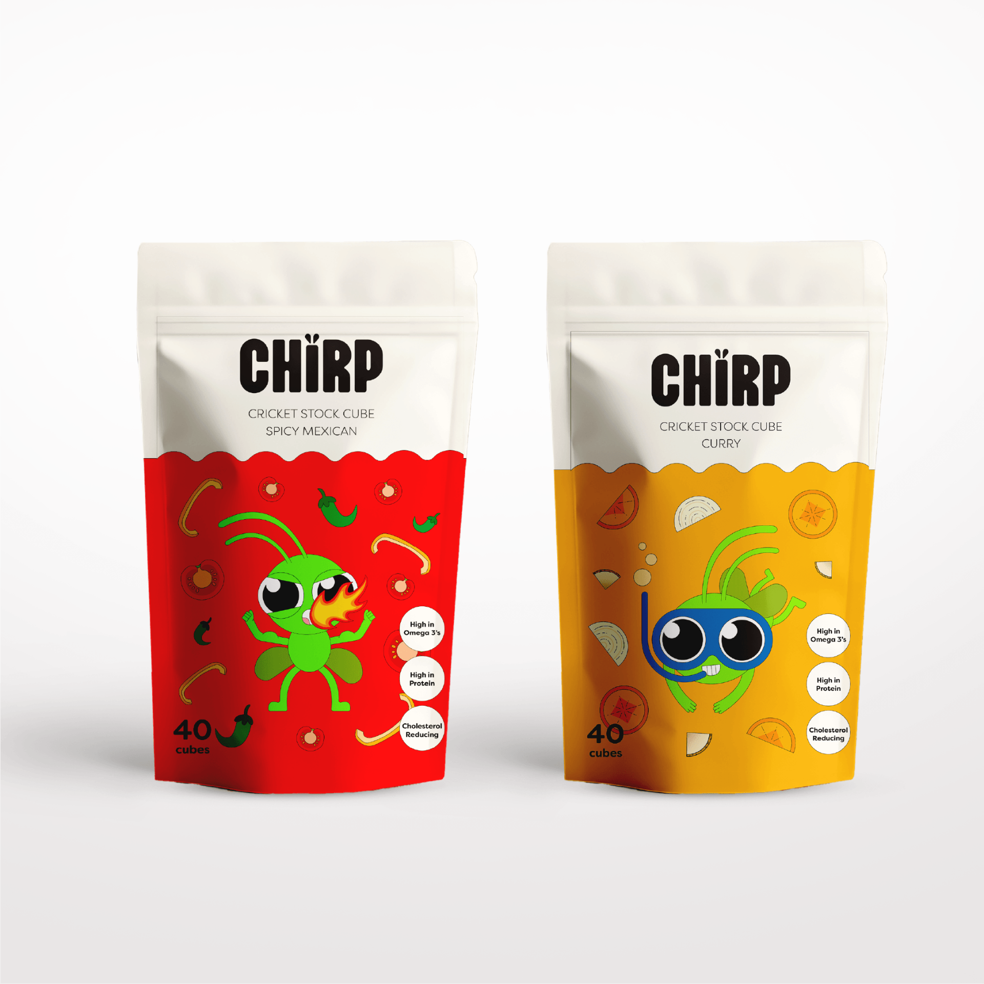Two CHIRP cricket stock cube packets — Spicy Mexican and Curry