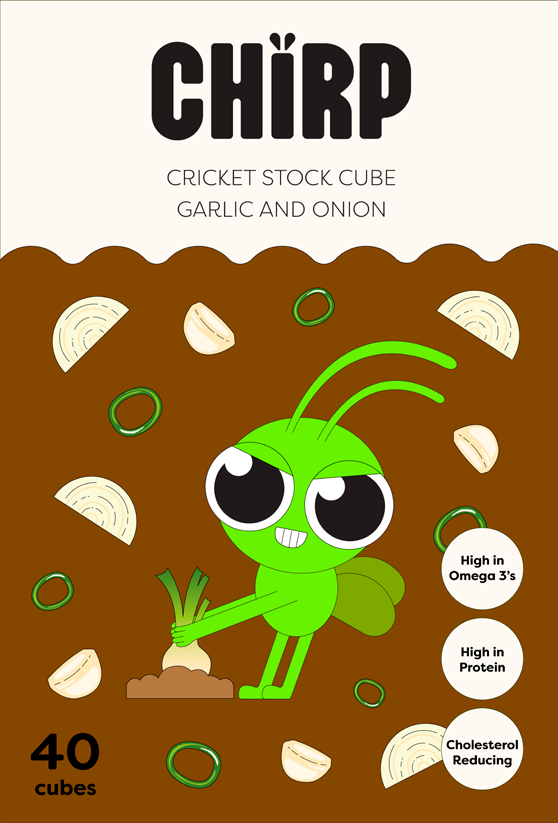 CHIRP Garlic and Onion flavour cricket stock cube label