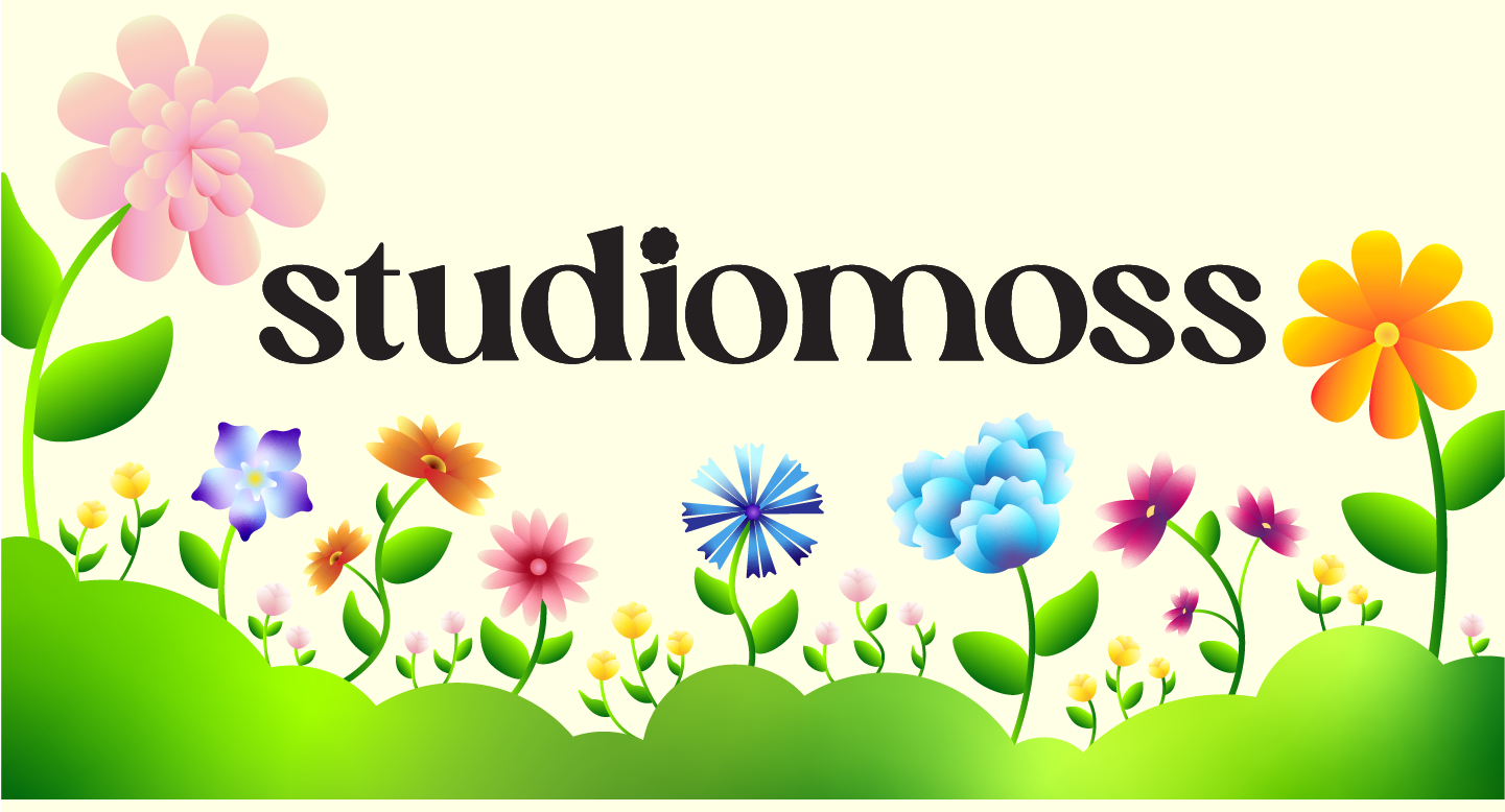 studiomoss — colorful illustrated flowers blooming over rolling green hills