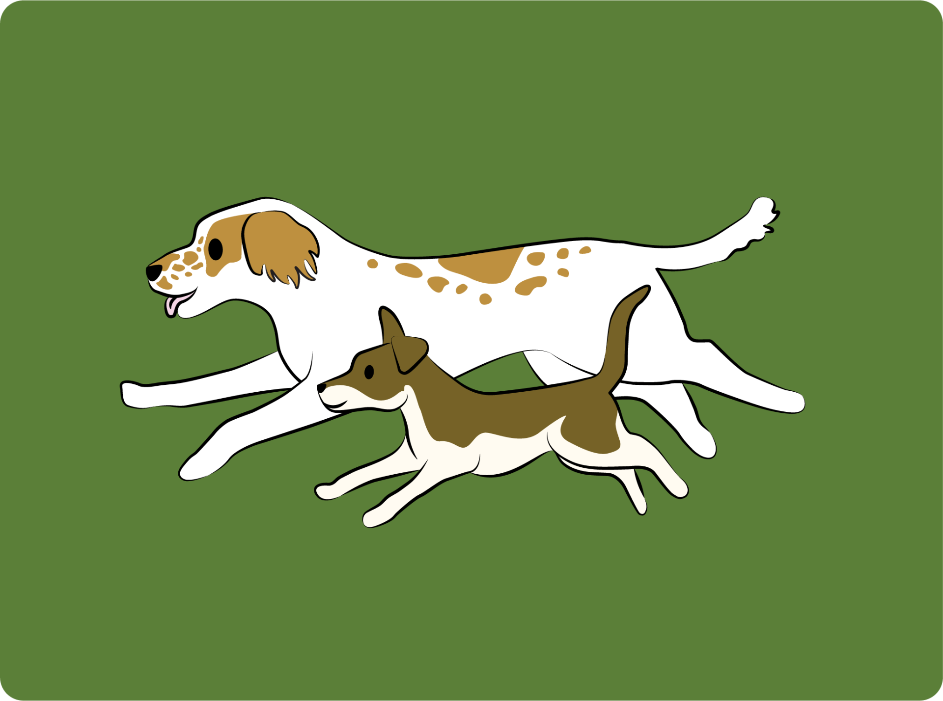 Illustrated dogs running across a green background