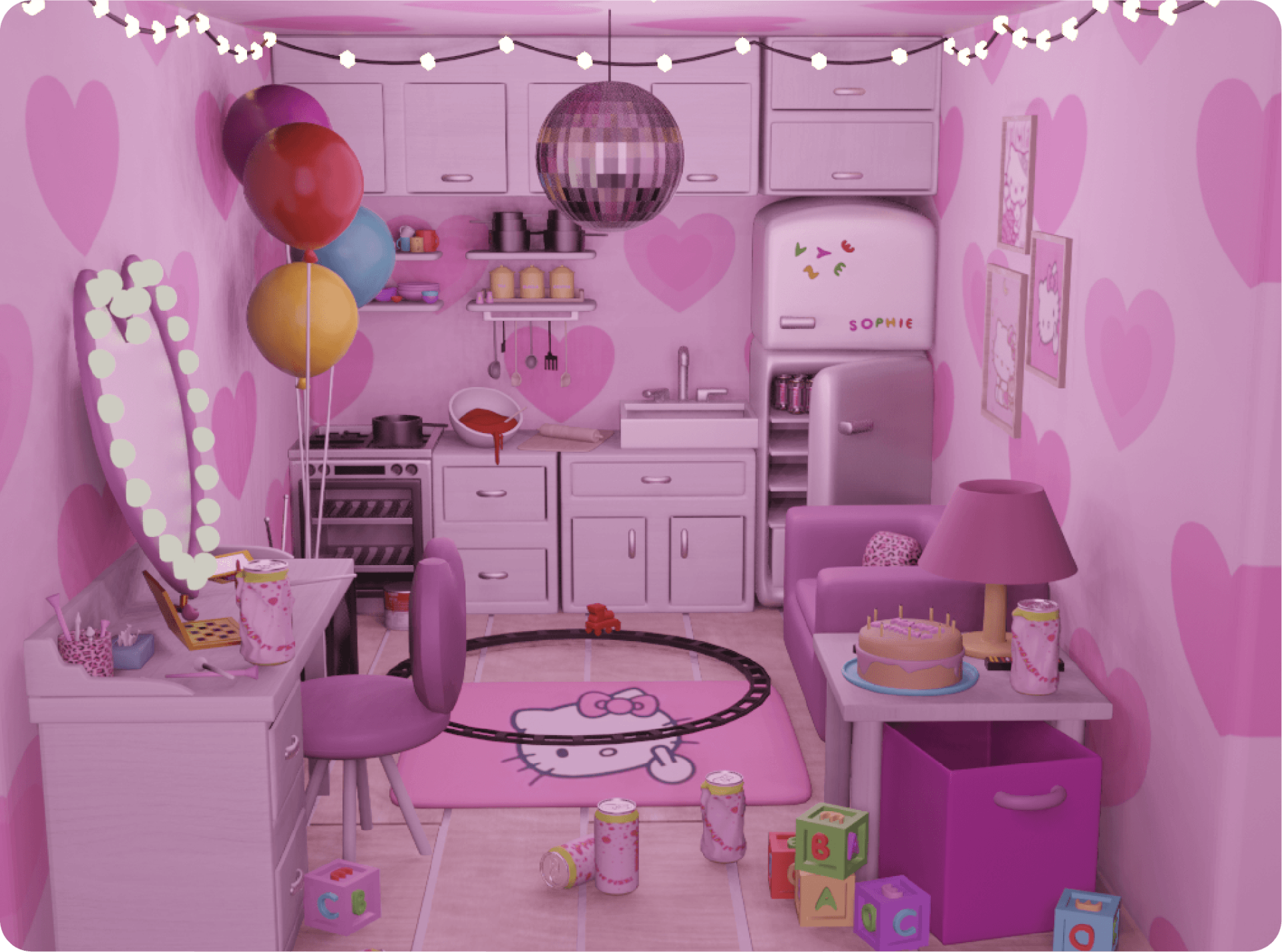 A pink punk-style kitchen room created for the song Vyzee