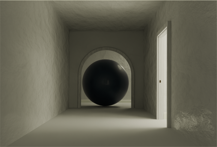 A large black sphere floating in a white arched corridor