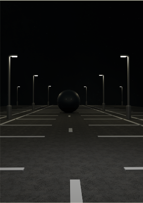 A dark empty parking lot at night with a black sphere