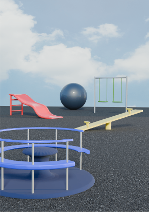 An empty playground with a dark sphere among the equipment