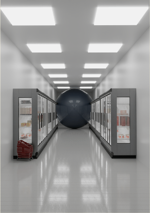 A supermarket aisle with a black sphere at the end
