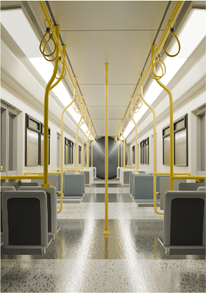 An empty train carriage with a black sphere at the far end