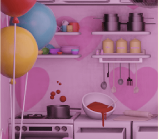 Pink kitchen shelves with balloons and a bowl of red liquid