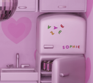 A pink retro fridge decorated with the name SOPHIE