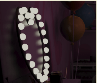 A glowing bead garland in a dark version of the room