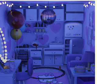 The room lit in blue with a disco ball and balloons