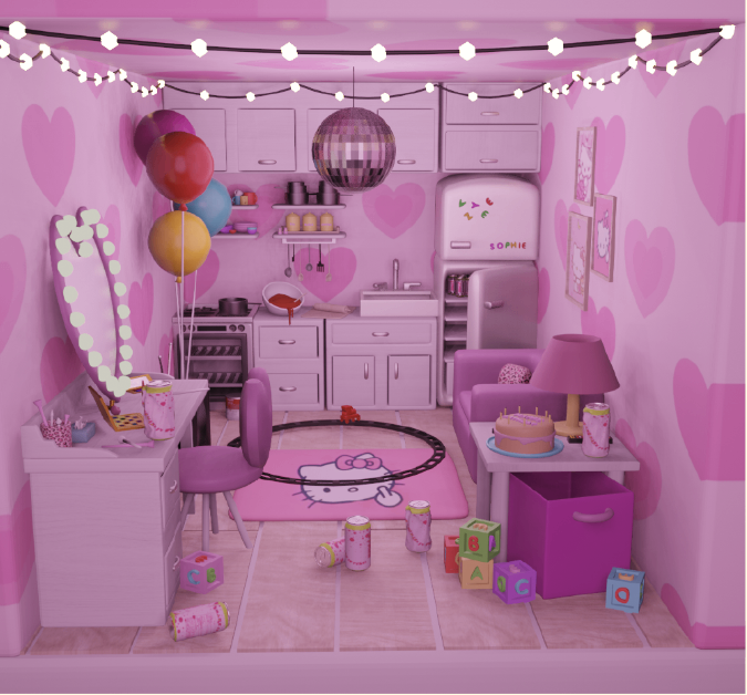 A pink punk-style kitchen room with balloons, a disco ball and fairy lights